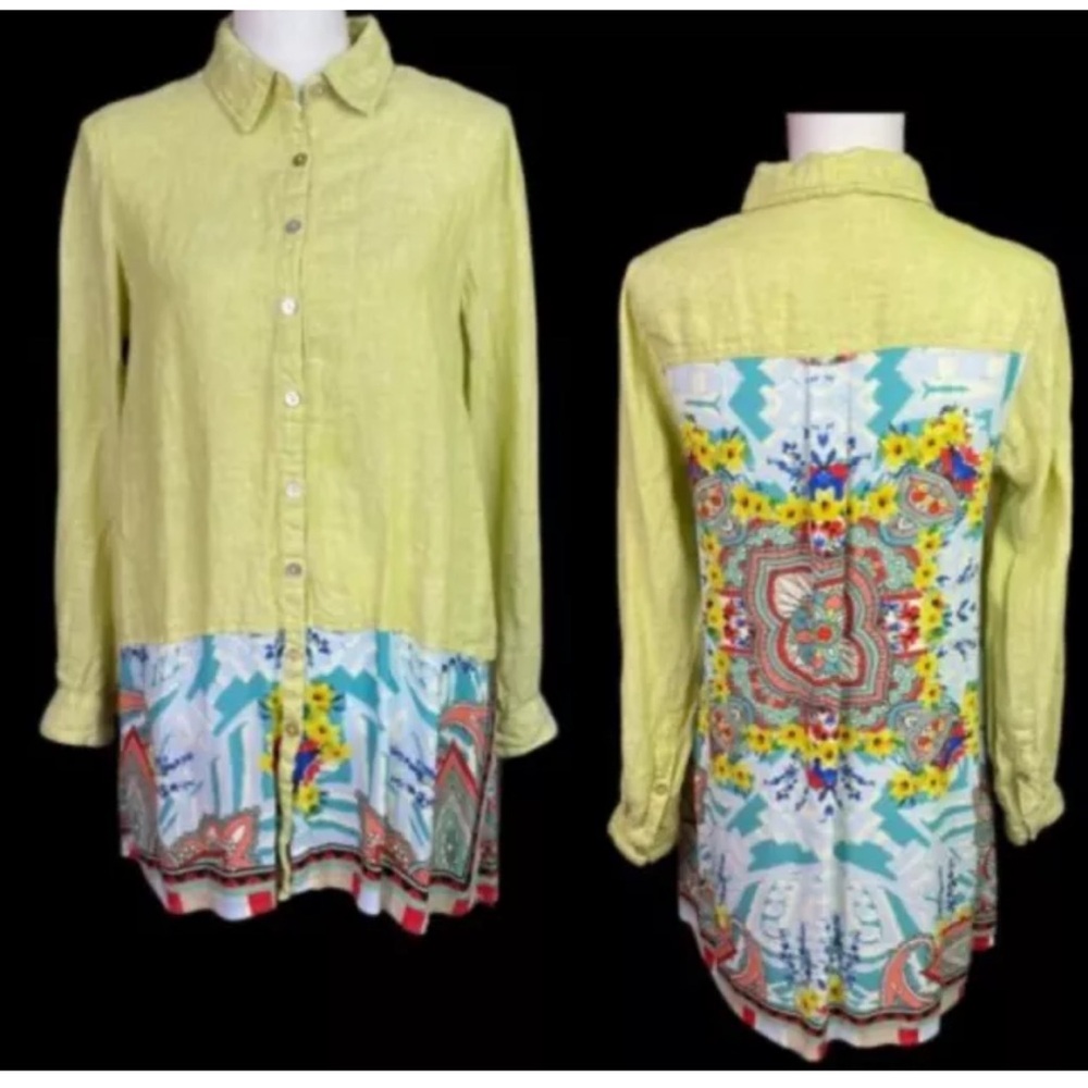John Mark Tunic Dress Large Linen Blend Long Roll Tab Sleeve Graphic Back M